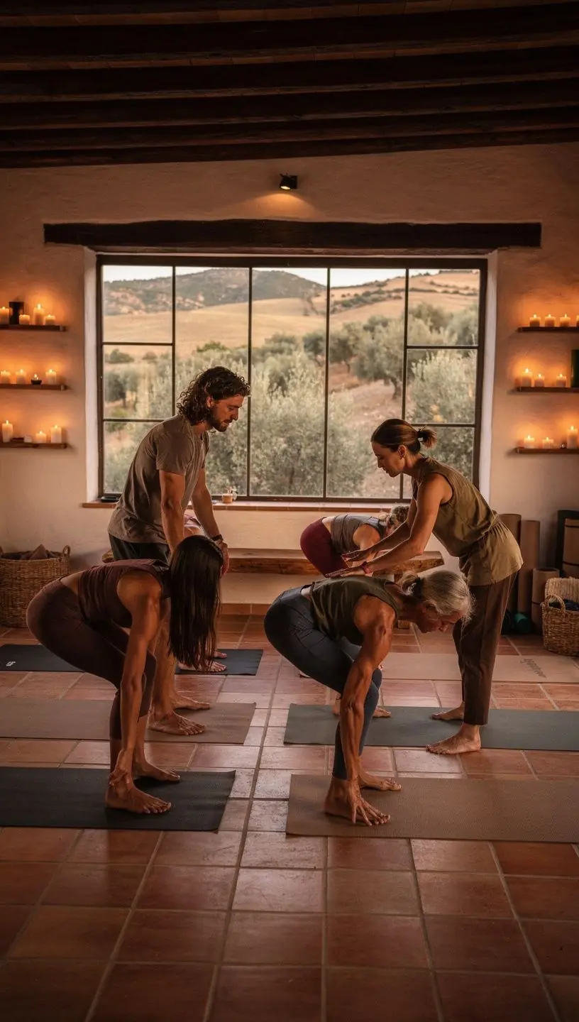 Primer plano de manos en posición de meditación sobre un tapete de yoga.