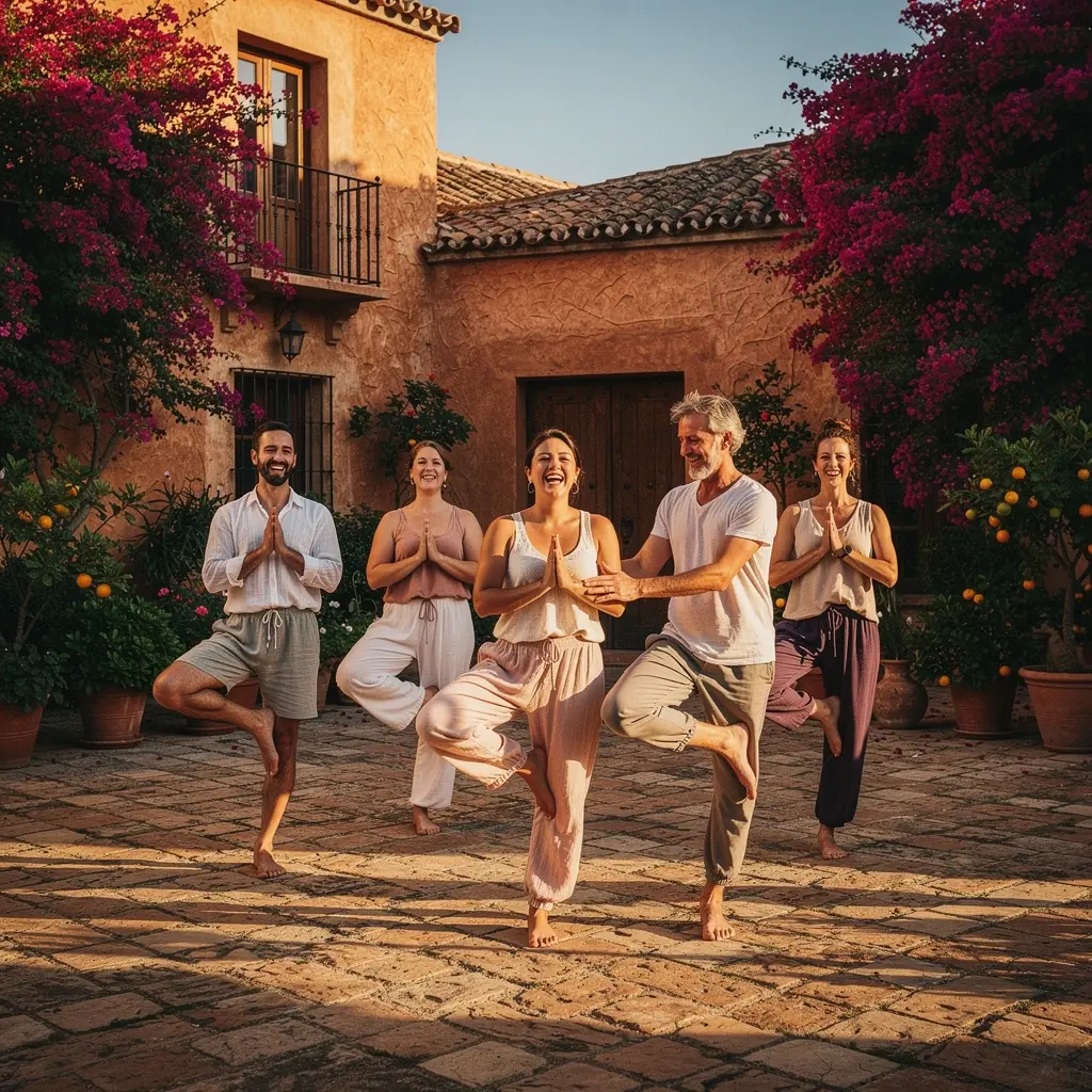 Un grupo de personas practicando diferentes posturas de yoga en un entorno tranquilo y natural.