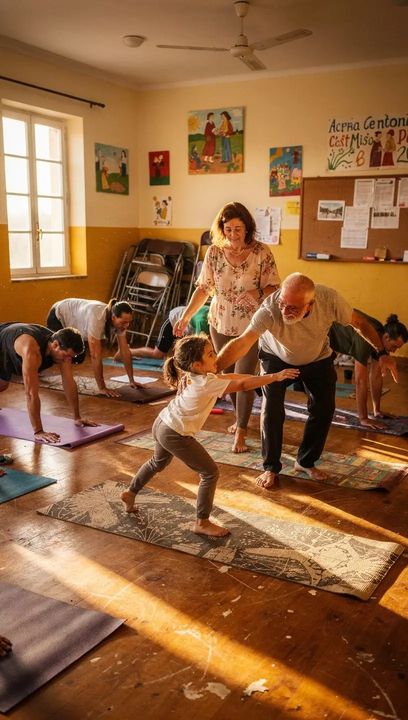 Grupo de practicantes de yoga realizando ejercicios de alineación en un entorno tranquilo y natural.