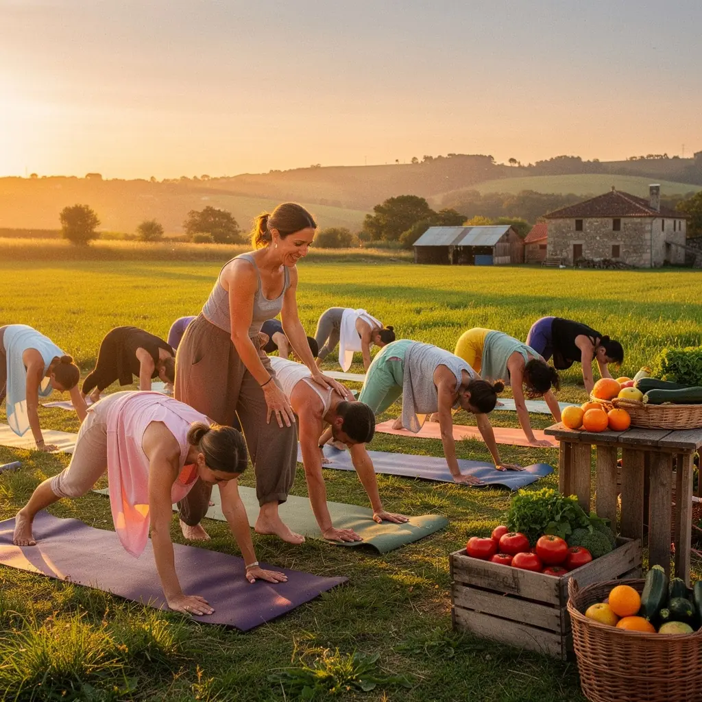 Una instructora de yoga corrigiendo la postura de un estudiante en una clase de Hatha Yoga.